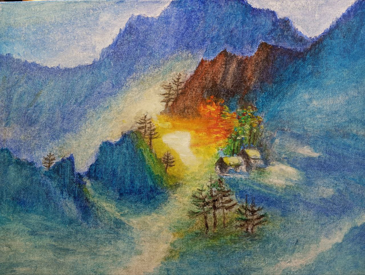 Oil painting of golden light breaking through a pass between deep blue misty mountains, a small homestead nestled below the warm glow.