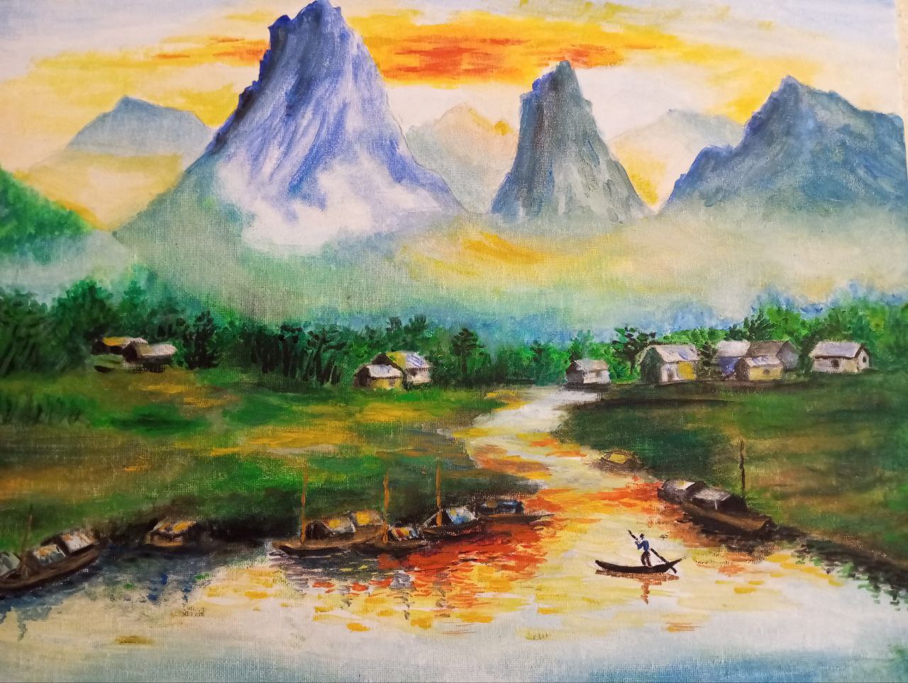 Oil painting of a river village at sunset, wooden boats moored along the shore, blue mountain peaks behind a yellow-orange sky.