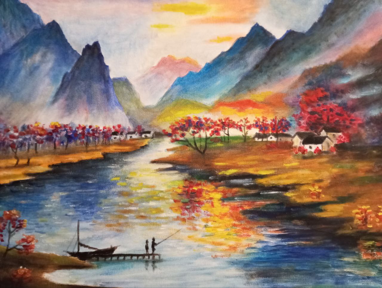 Oil painting of two figures fishing from a small wooden pier beside a river, autumn-red trees lining the banks, soft mountains in the distance.