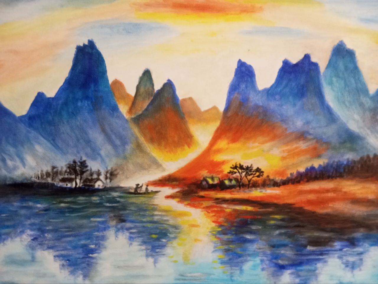 Oil painting of a fiery sunset pouring through deep blue mountain peaks, a small figure in a boat on still water reflecting the orange light.