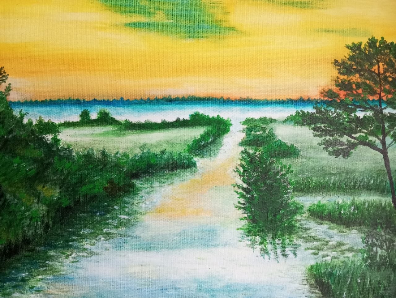 Oil painting of a green forest path opening onto a still river under a wide yellow-gold sunset sky, lone pine on the right.