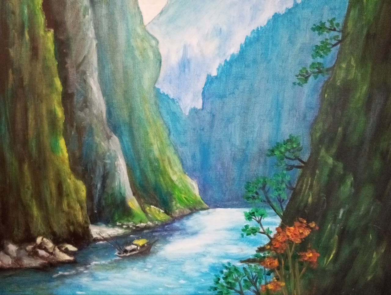 Oil painting of a quiet river winding between tall green-grey canyon walls, a small boat near rocks, soft daylight overhead.